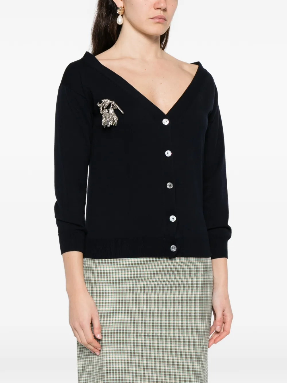 Brooch-Detail Round-Neck Cardigan