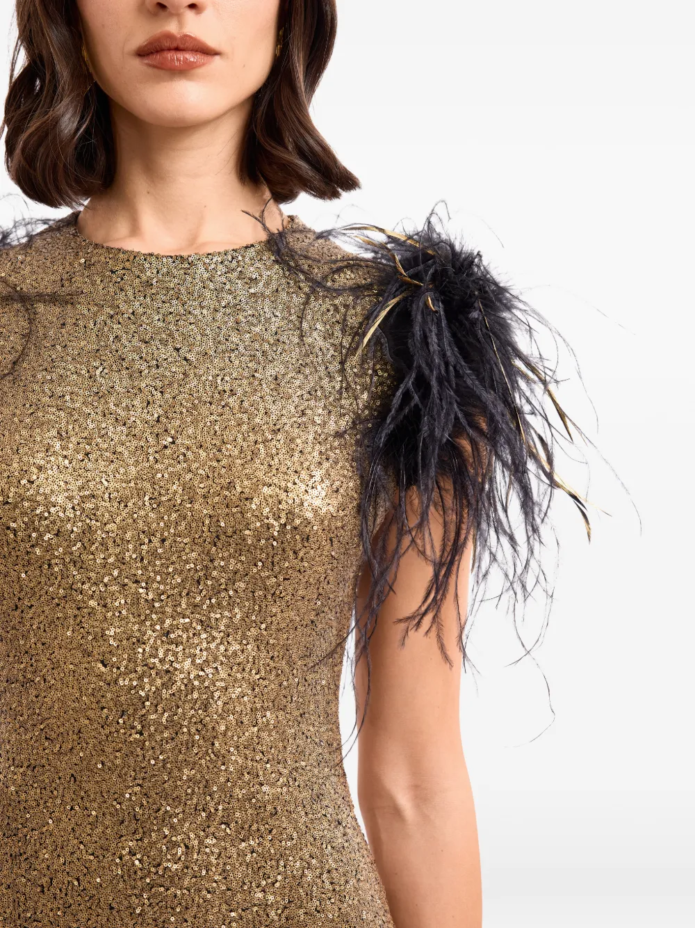 Gemy Maalouf Midi-jurk met pailletten en veren Goud