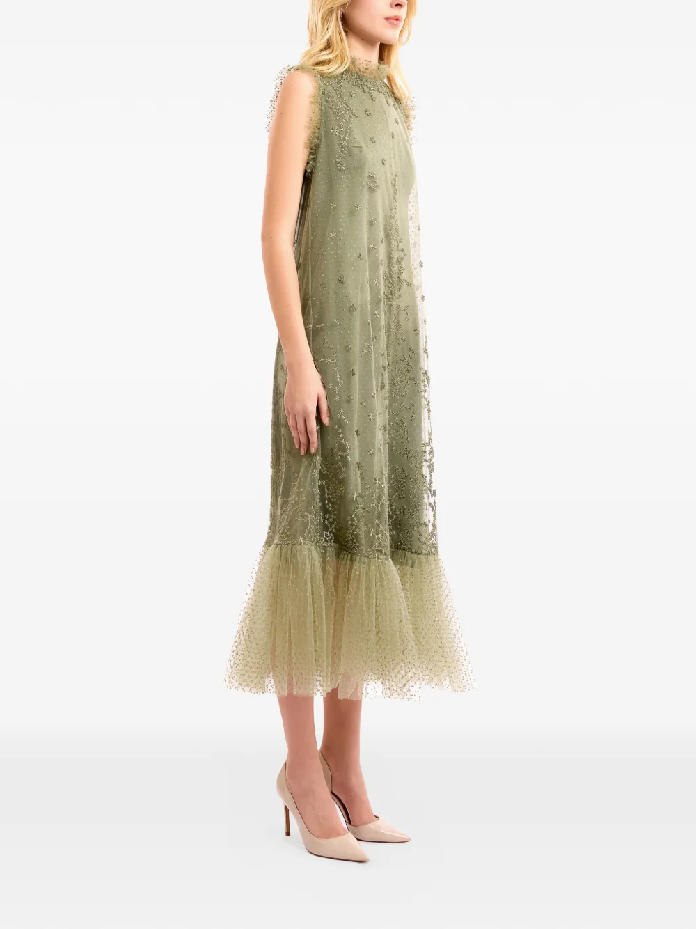 Gemy Maalouf embroidered dotted tulle midi dress - Groen