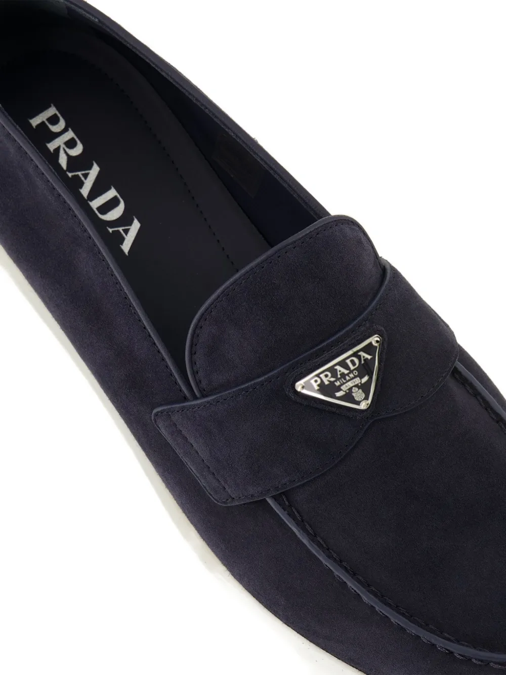 Prada logo-plaque suede loafers Blauw