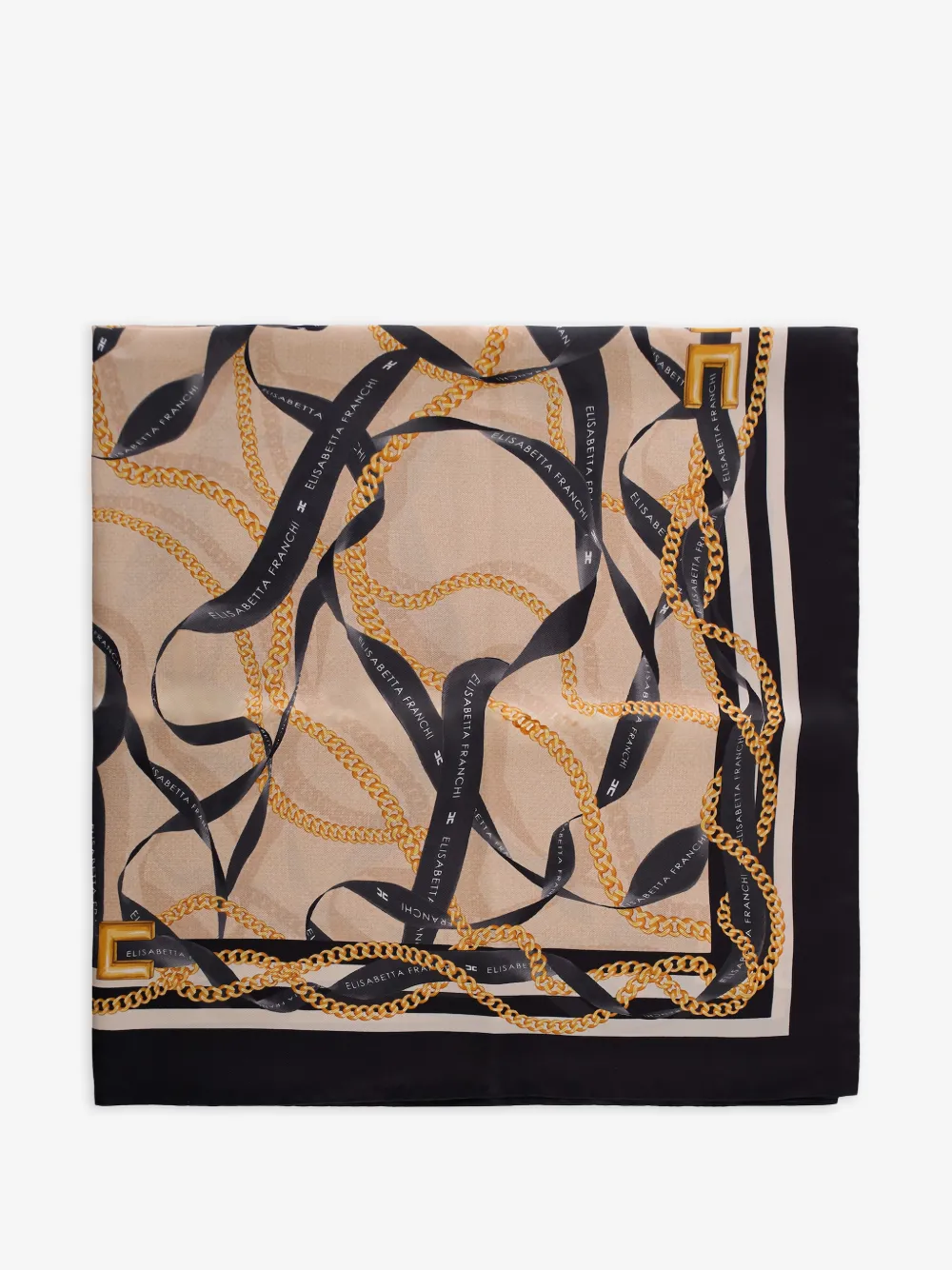 silk twill foulard scarf with ribbon and chain print