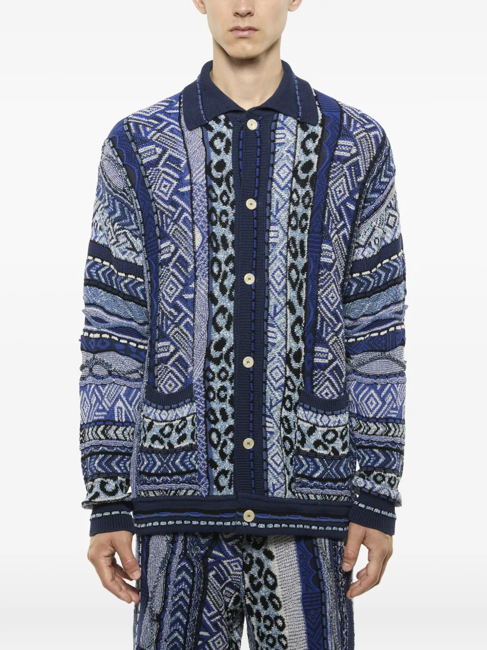  Laneus Patterned Polo Cardigan - Blue 
