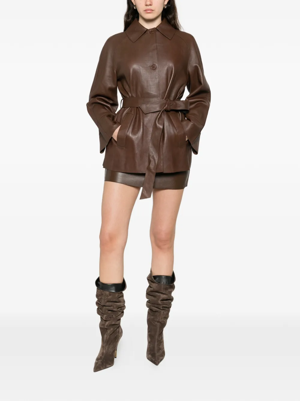  P.a.r.o.s.h. Tie-waist Leather Jacket - Brown 