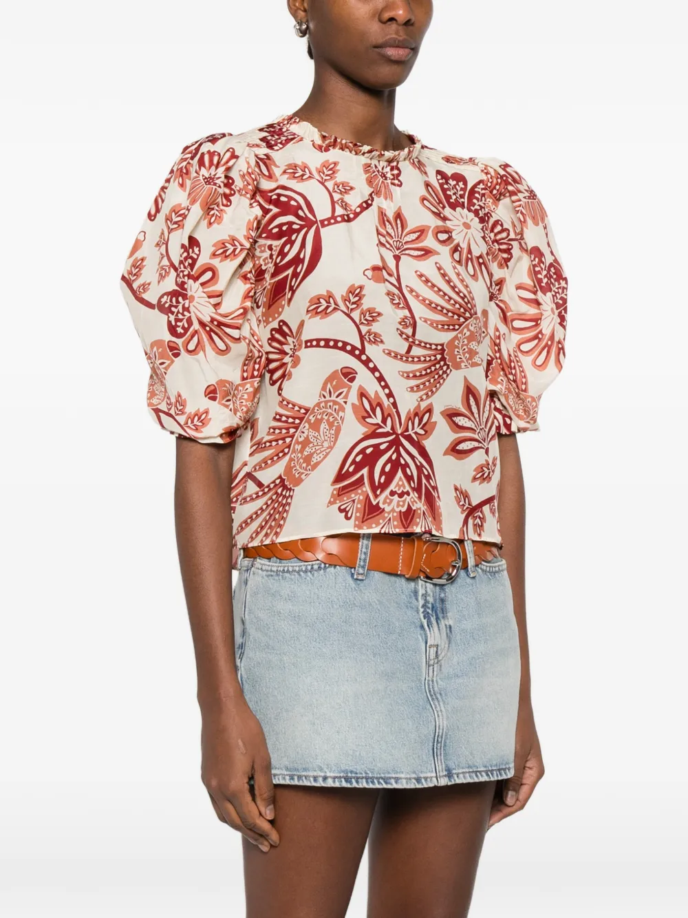 FARM Rio Blouse met bloemenprint en ruches Beige
