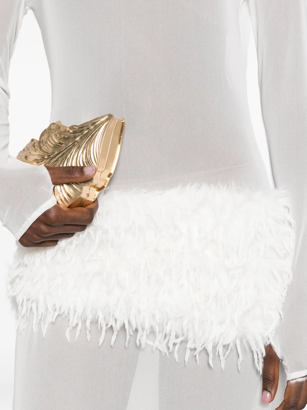 Feather-Trimmed High-Neck Maxi Dress