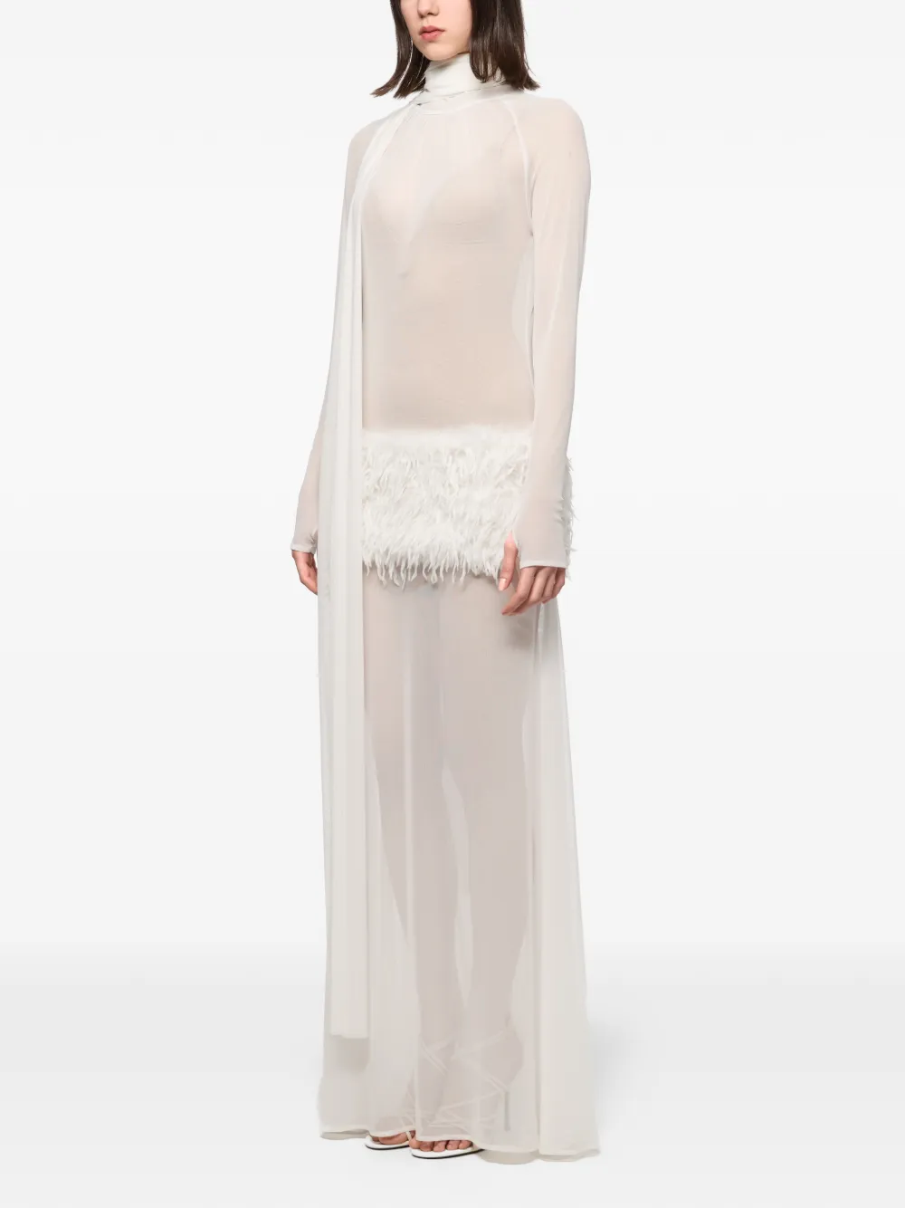Feather-Trimmed High-Neck Maxi Dress