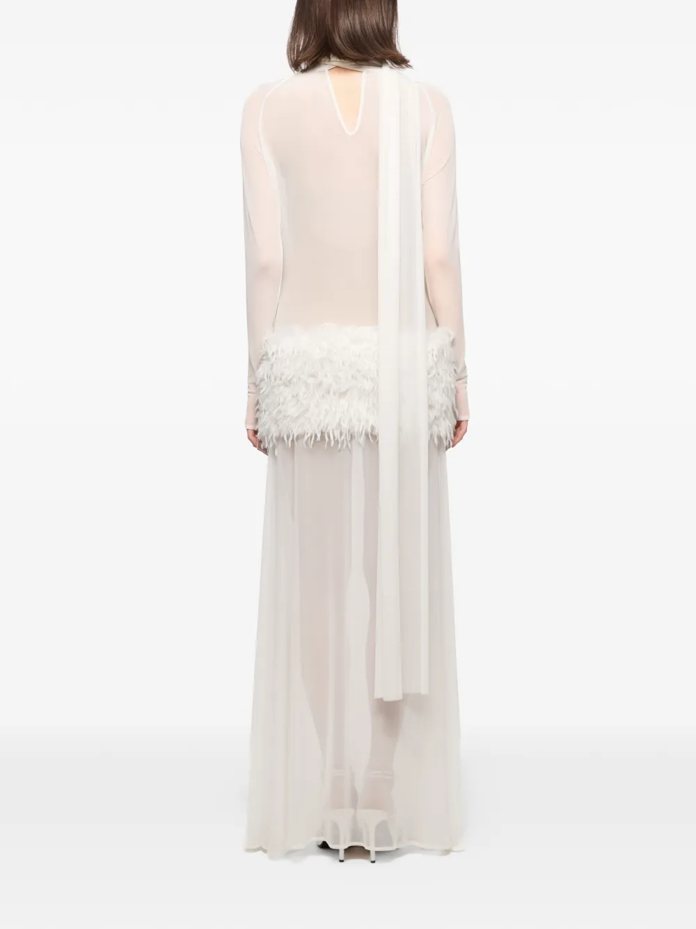 Feather-Trimmed High-Neck Maxi Dress