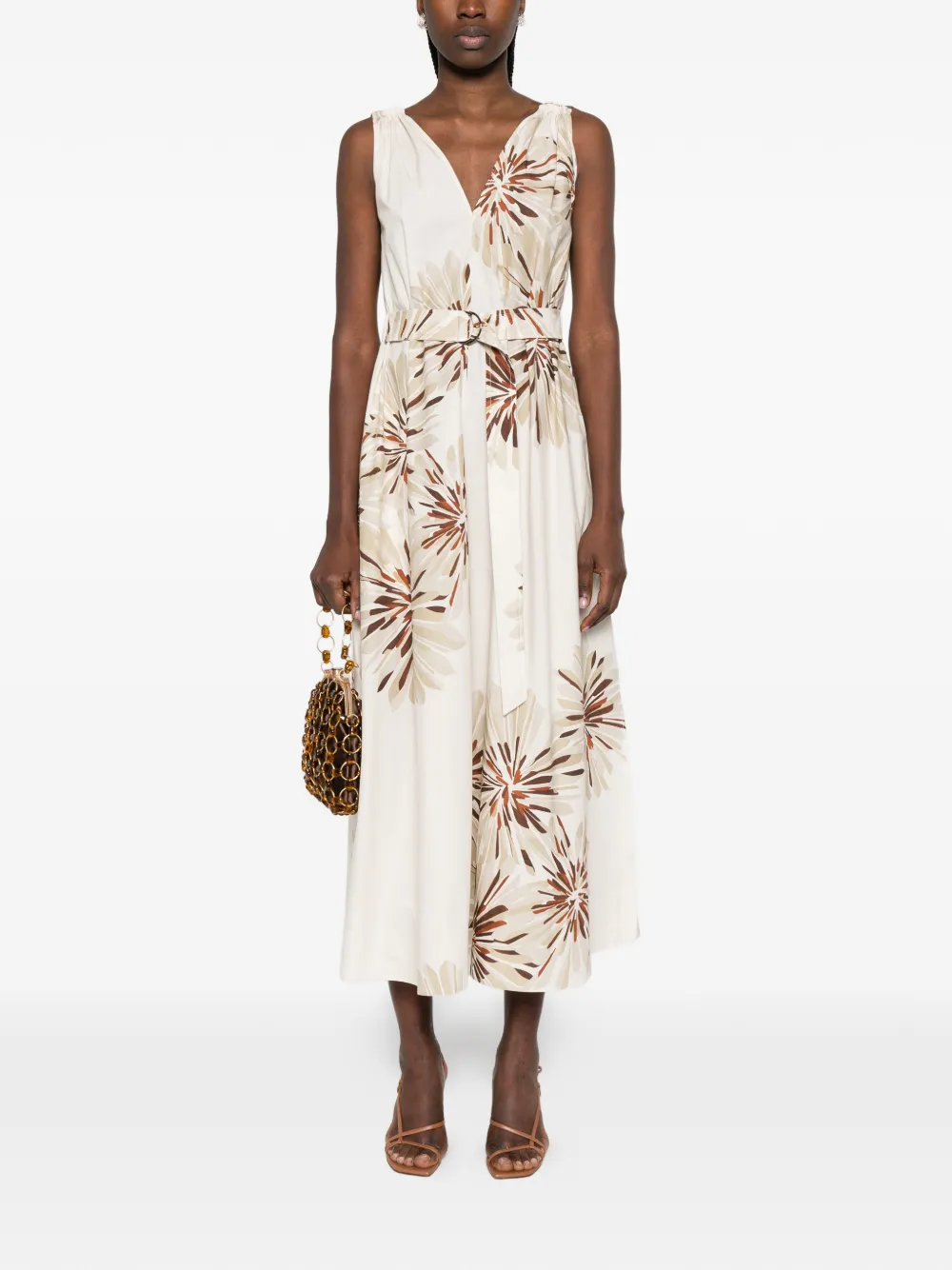  Brunello Cucinelli Floral Belted Midi Dress - Neutrals 