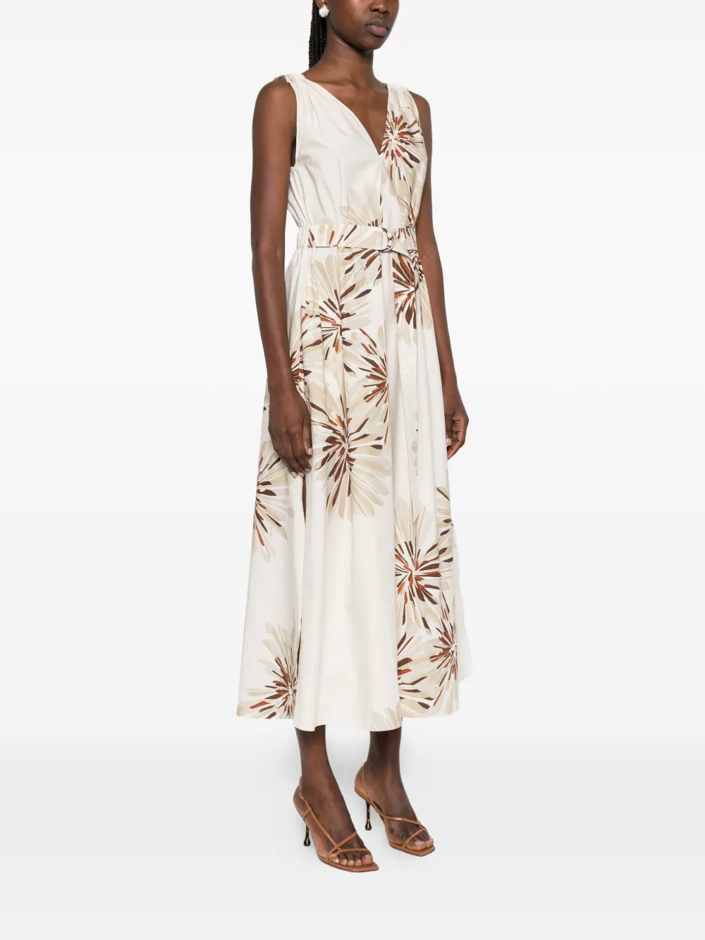  Brunello Cucinelli Floral Belted Midi Dress - Neutrals 