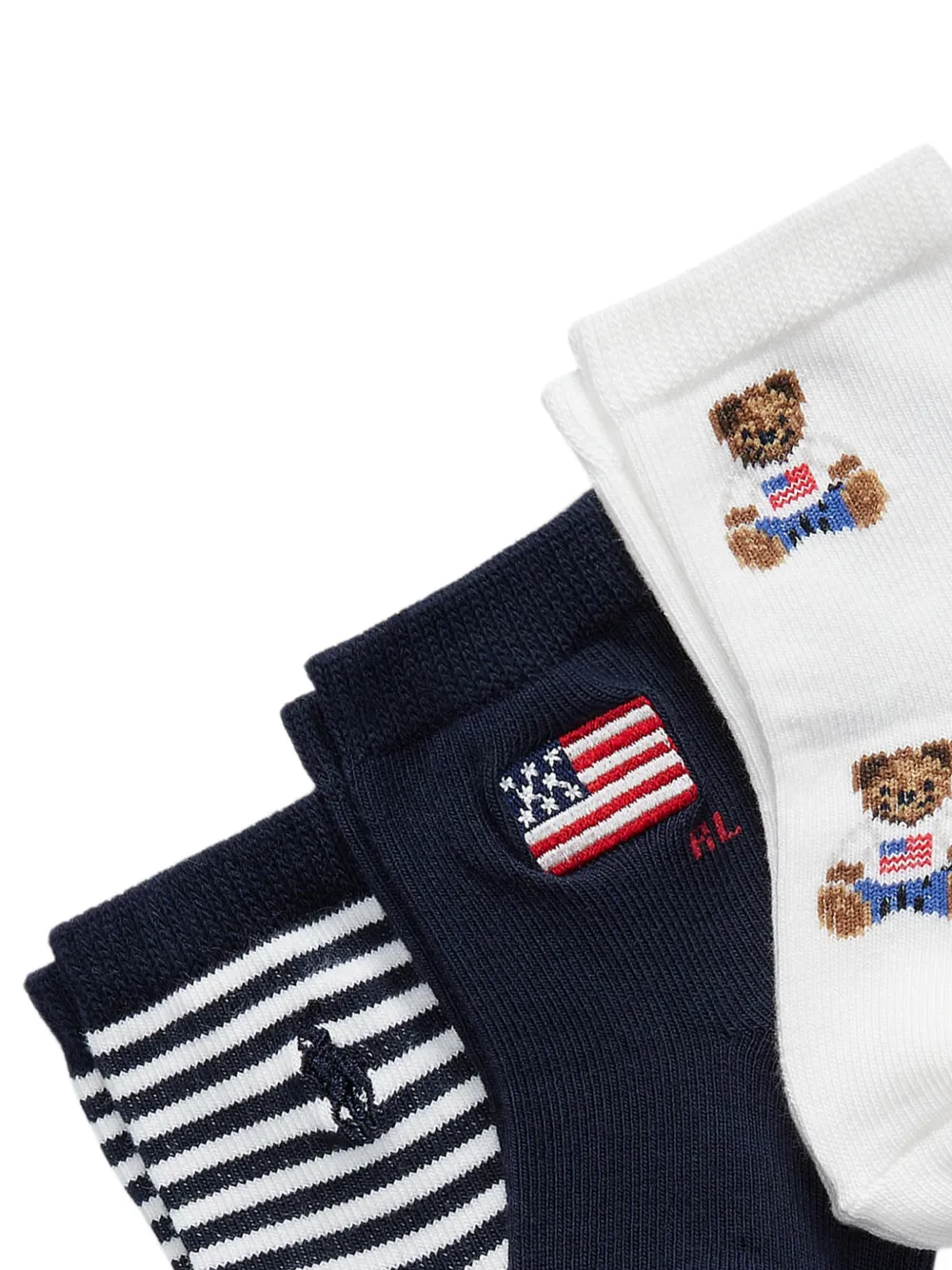 POLO RALPH LAUREN KIDS Drie paar gestreepte sokken met teddybeer Blauw