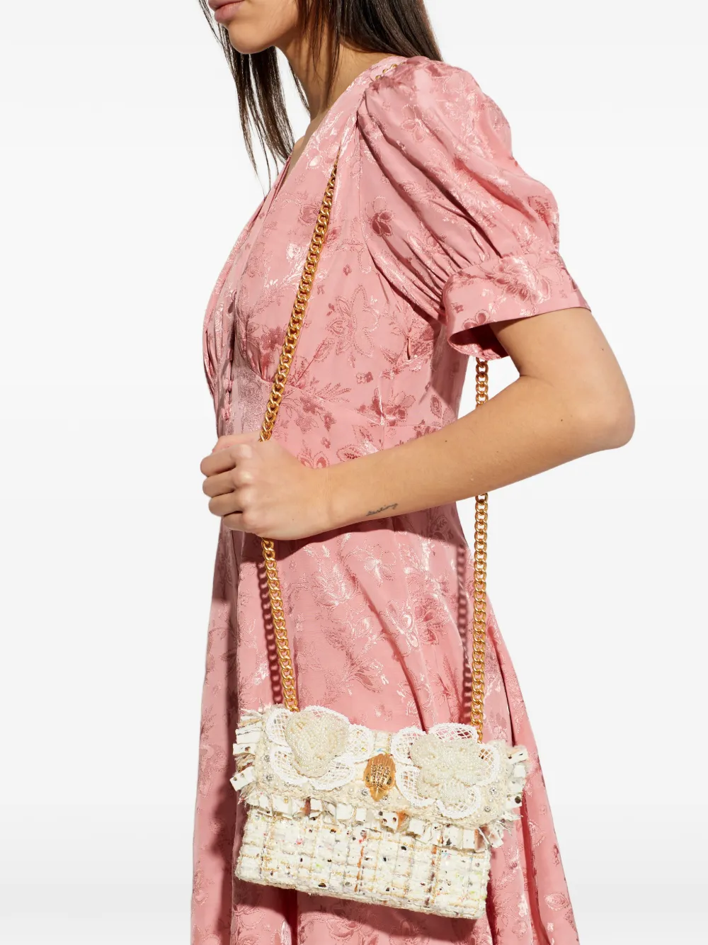  Kurt Geiger London Tweed Floral Appliqué Shoulder Bag - Neutrals 