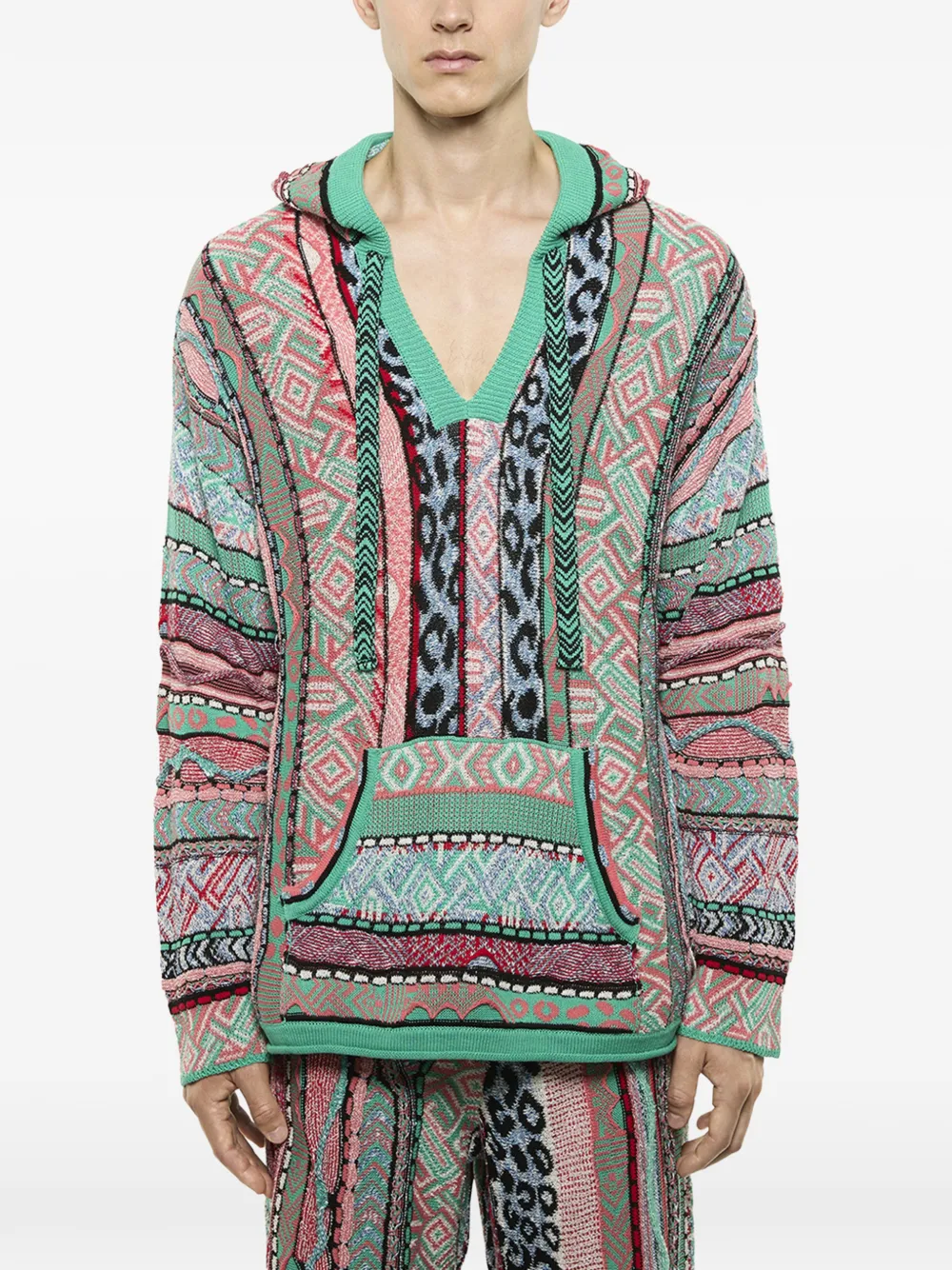  Laneus Patterned V-neck Hoodie - Green 