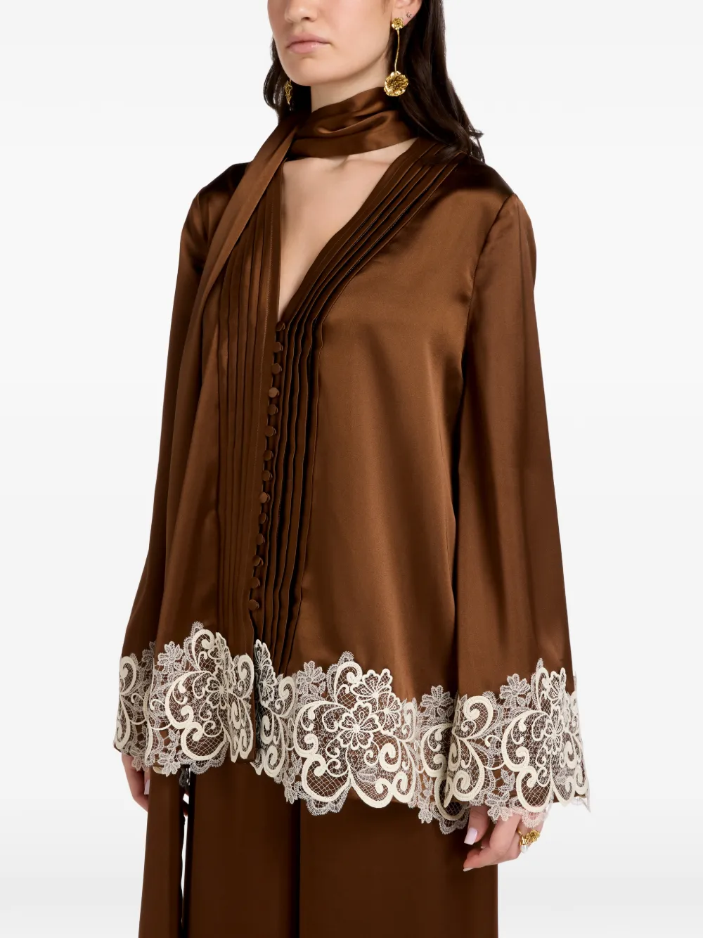 VASILIKI Haneen lace pleated top - Marrone