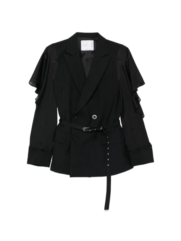 Sacai Pinstripe Belted Blazer in Black