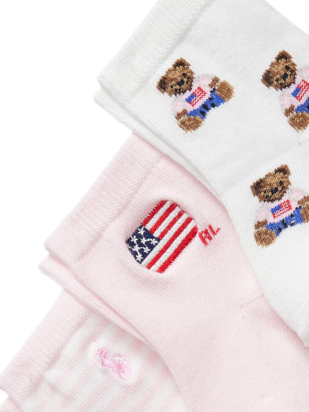 POLO RALPH LAUREN KIDS Drie paar gestreepte sokken met grafische vlagprint Roze