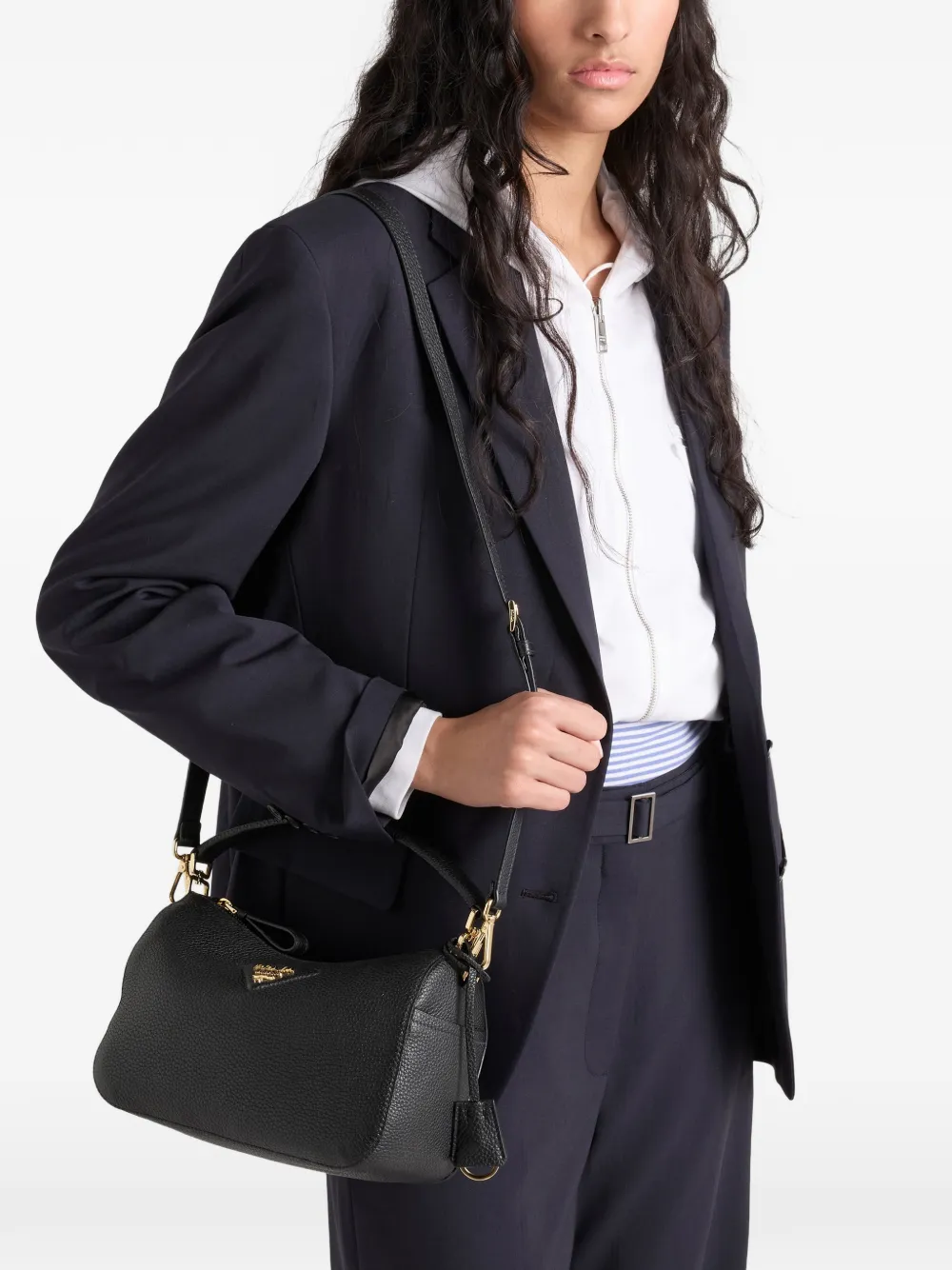 Prada Kleine leren schoudertas met logoplakkaat Zwart