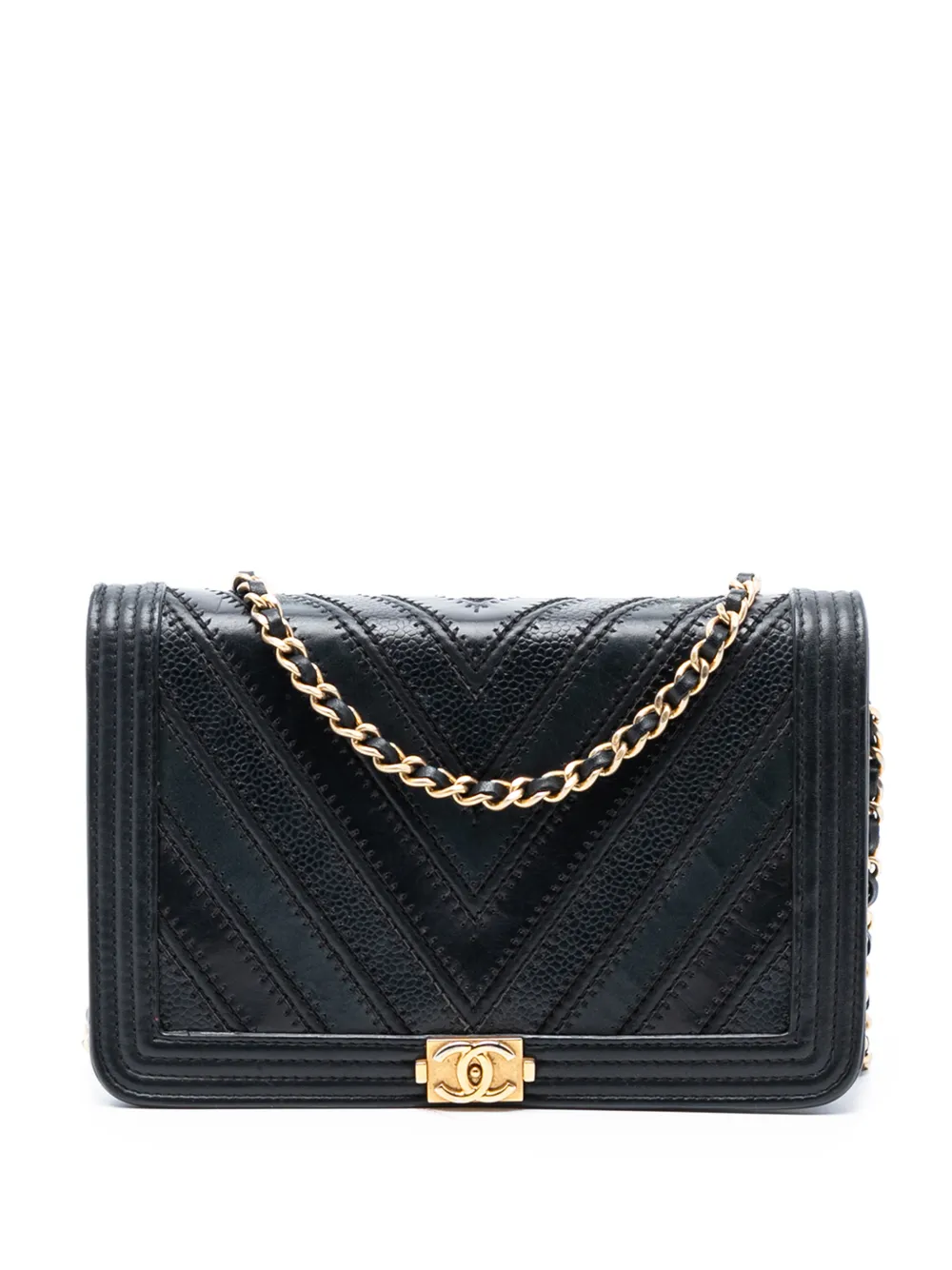 CHANEL Pre-Owned 2016-2017 Chevron Mixed Leathers Boy Wallet On Chain crossbody bag - Nero