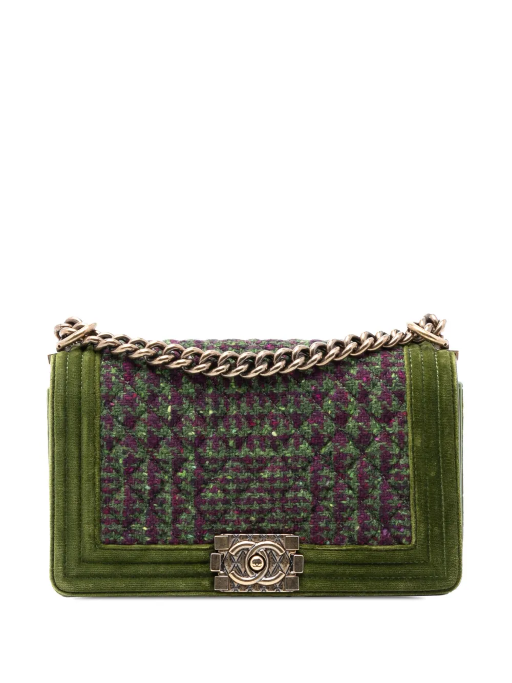 CHANEL Pre-Owned 2013-2014 Old Medium Tweed and Velvet Boy Flap crossbody bag - Verde