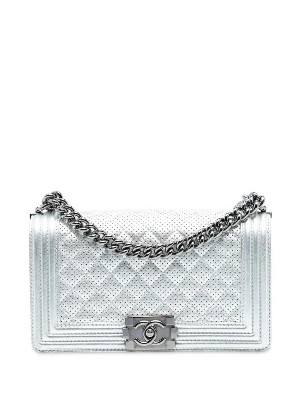 CHANEL Pre-Owned 2014 Old Medium Quilted Perforated Metallic Lambskin Boy Flap crossbody bag - Argento