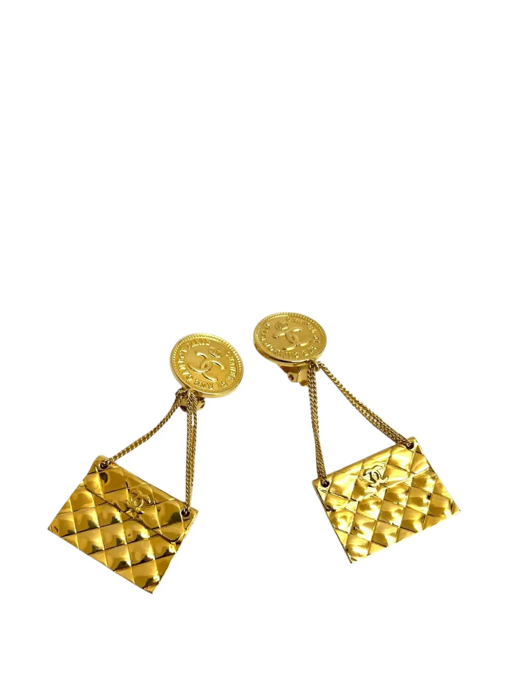 CHANEL Pre-Owned 1991 CC Gold Plated Coin and Quilted Flap Bag Clip On Earrings costume earrings - Oro