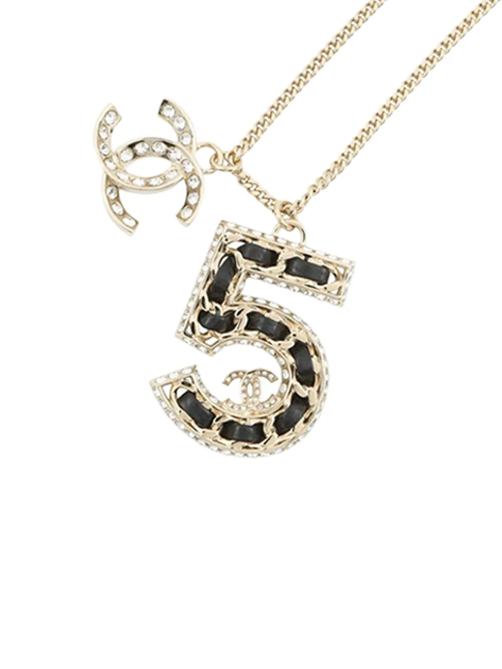 CHANEL Pre-Owned 2023 Gold Plated CC Crystal and Leather Number 5 Pendant Necklace costume necklace