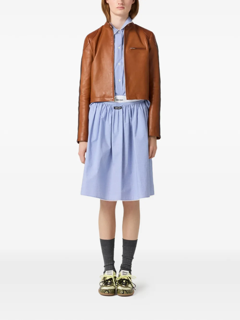  Miu Miu Stand-up Collar Stripe Jacket - Brown 