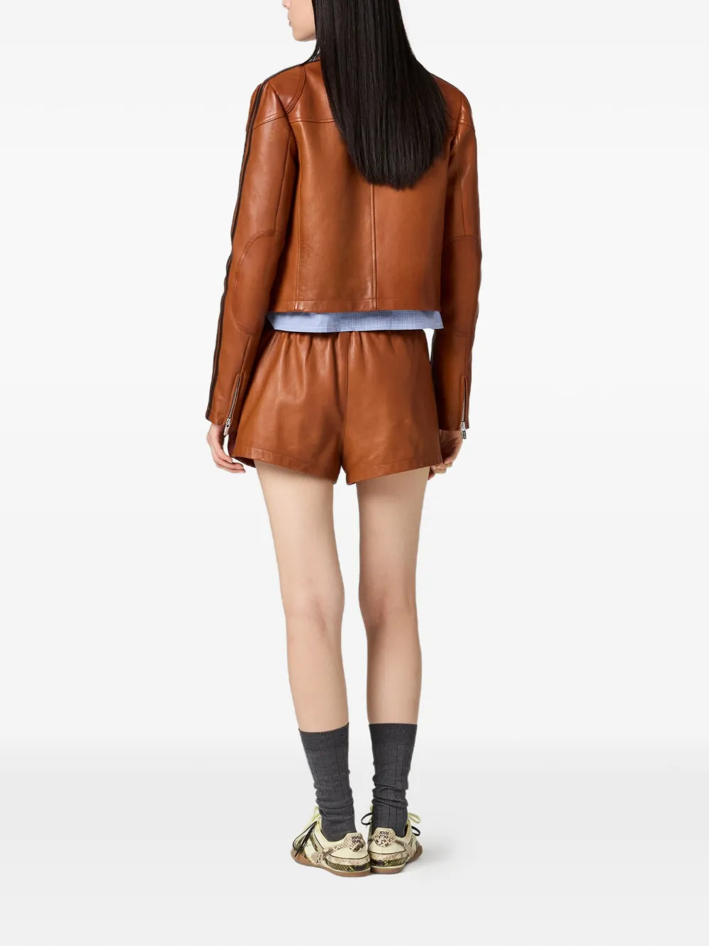  Miu Miu Striped Leather Shorts - Brown 