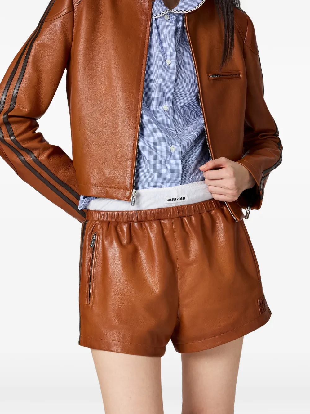 Miu Gestreepte leren shorts Bruin
