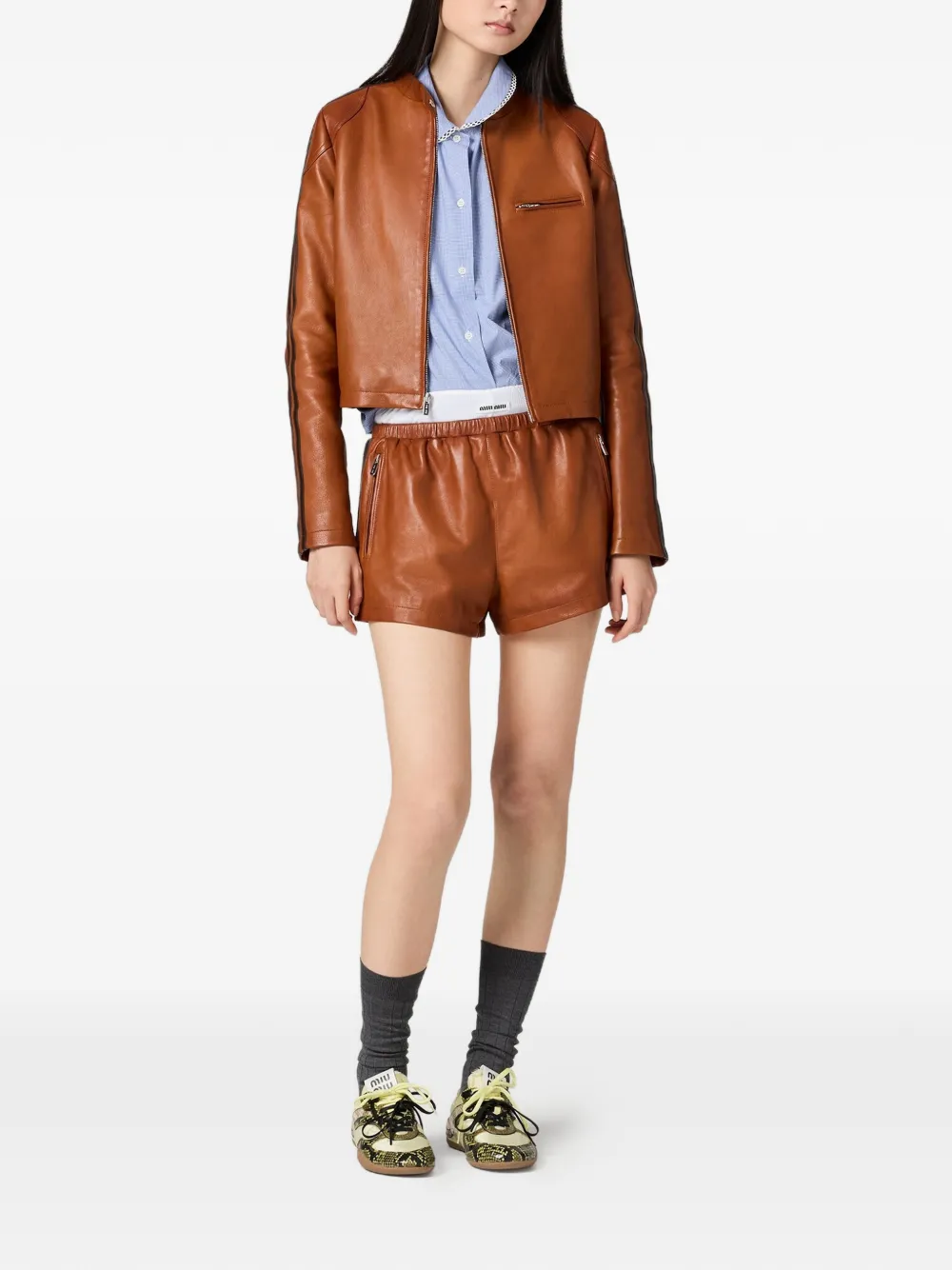  Miu Miu Striped Leather Shorts - Brown 