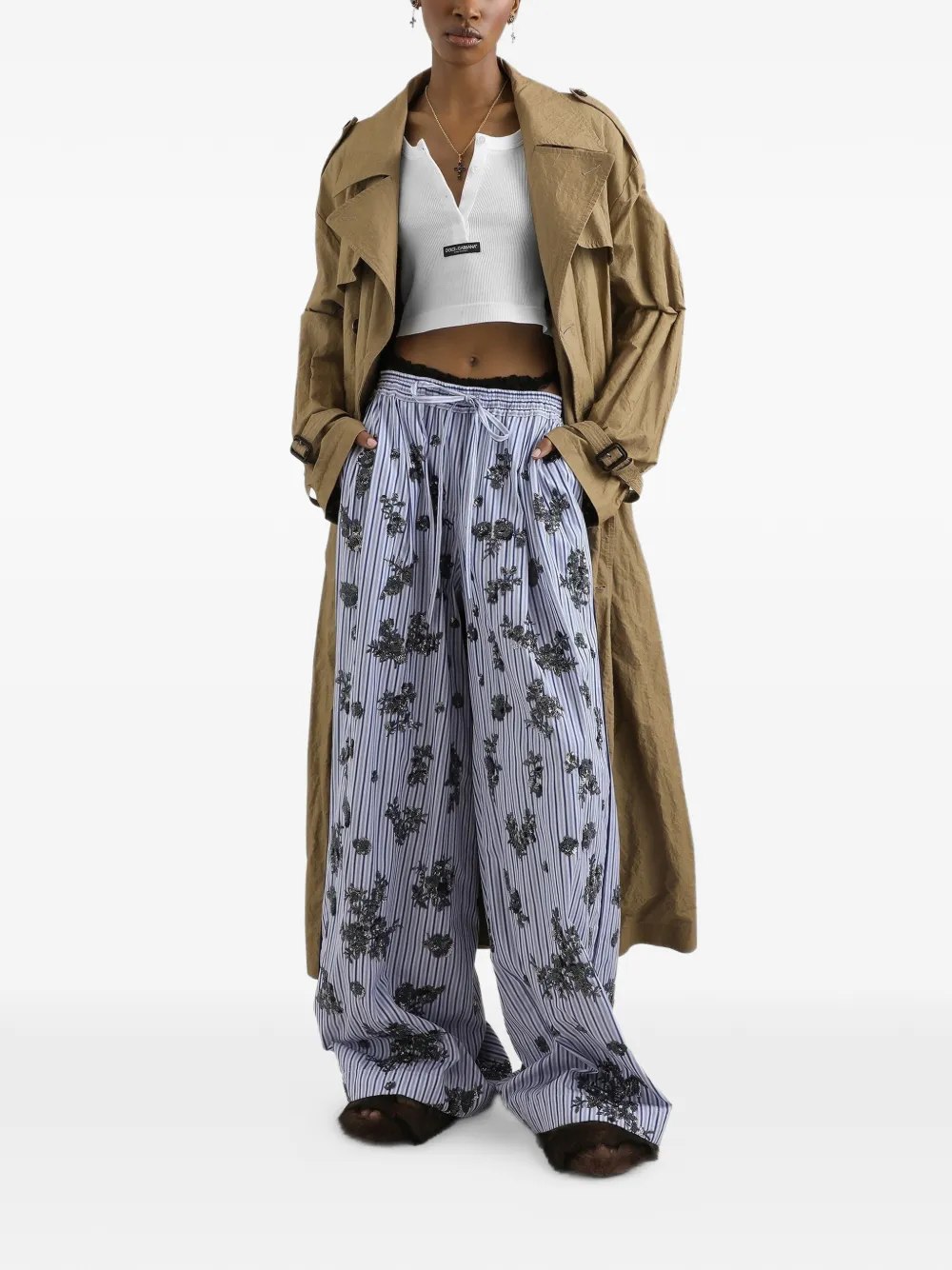 Dolce & Gabbana Trenchcoat met dubbele rij knopen en gekreukt effect katoen Beige