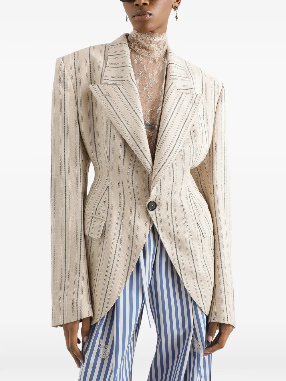 Dolce & Gabbana Jack met enkele rij knopen en krijtstreep Beige