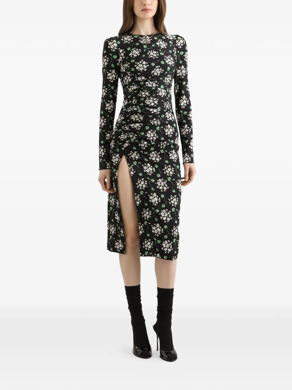 Dolce & Gabbana Geranium Charmeuse jurk met boeketprint Zwart