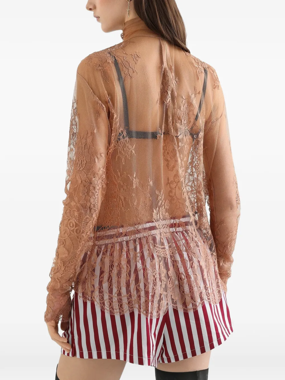Dolce & Gabbana Top met kanten vlakken en hoge hals Bruin