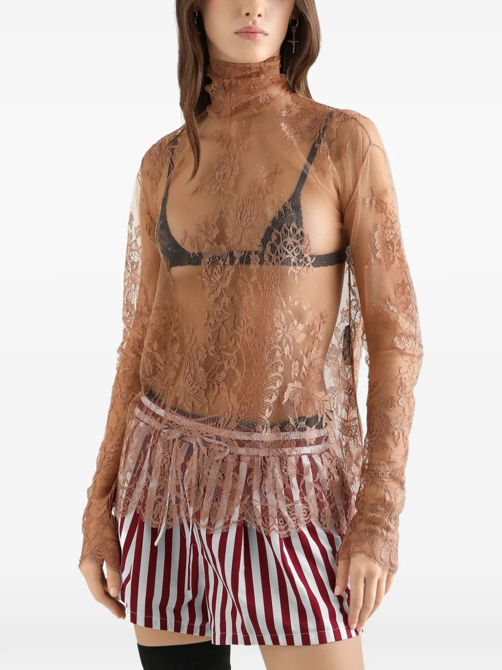 Dolce & Gabbana Top met kanten vlakken en hoge hals Bruin