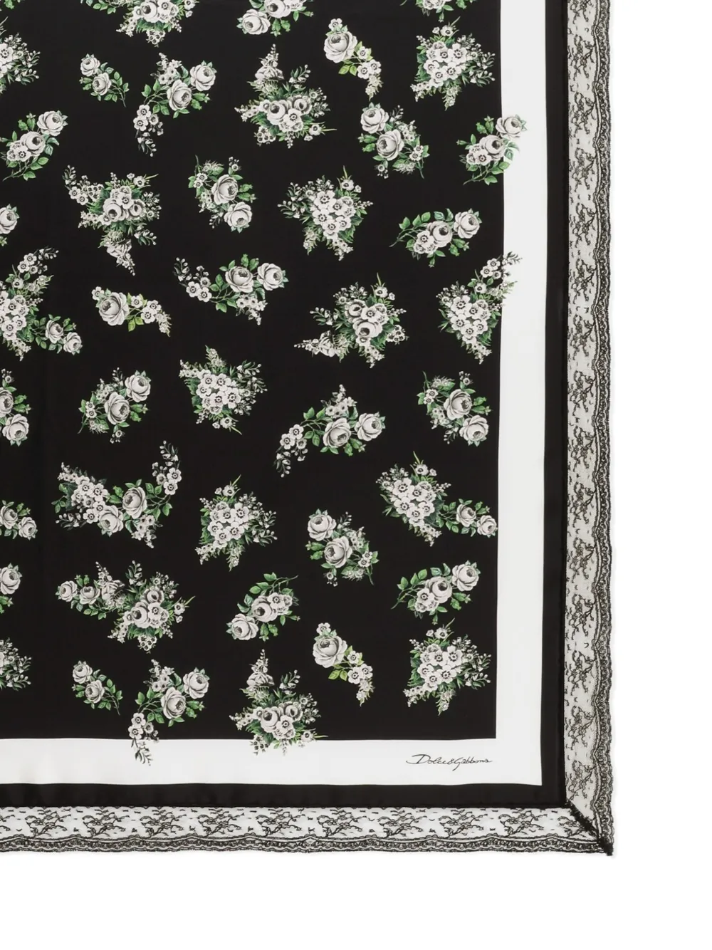 90x90 small flower bouquet-print silk twill scarf with lace insert