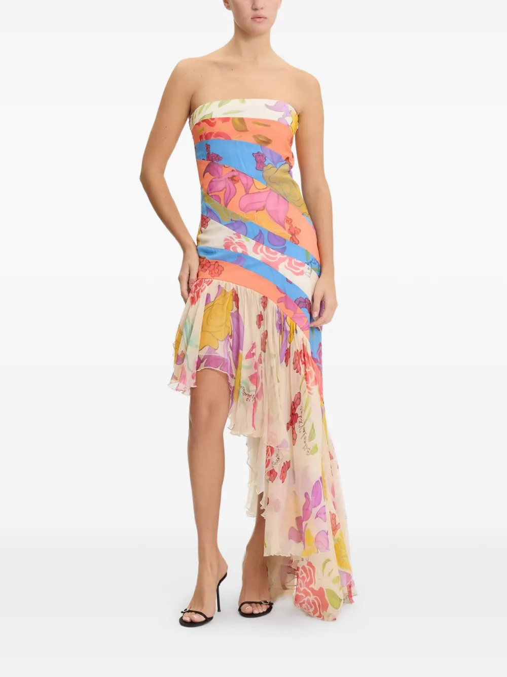 Donde Esteban Flores strapless zijden chiffon maxi-jurk Beige