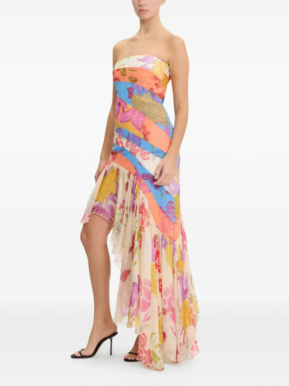 Donde Esteban Flores strapless zijden chiffon maxi-jurk Beige