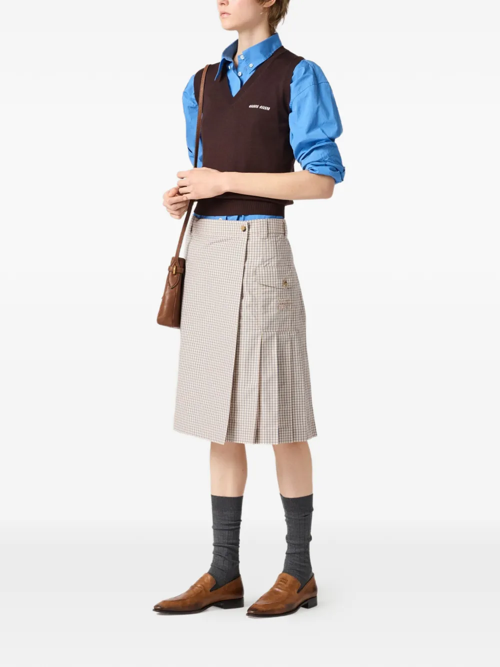 Miu Miu checked pleated midi skirt - Beige