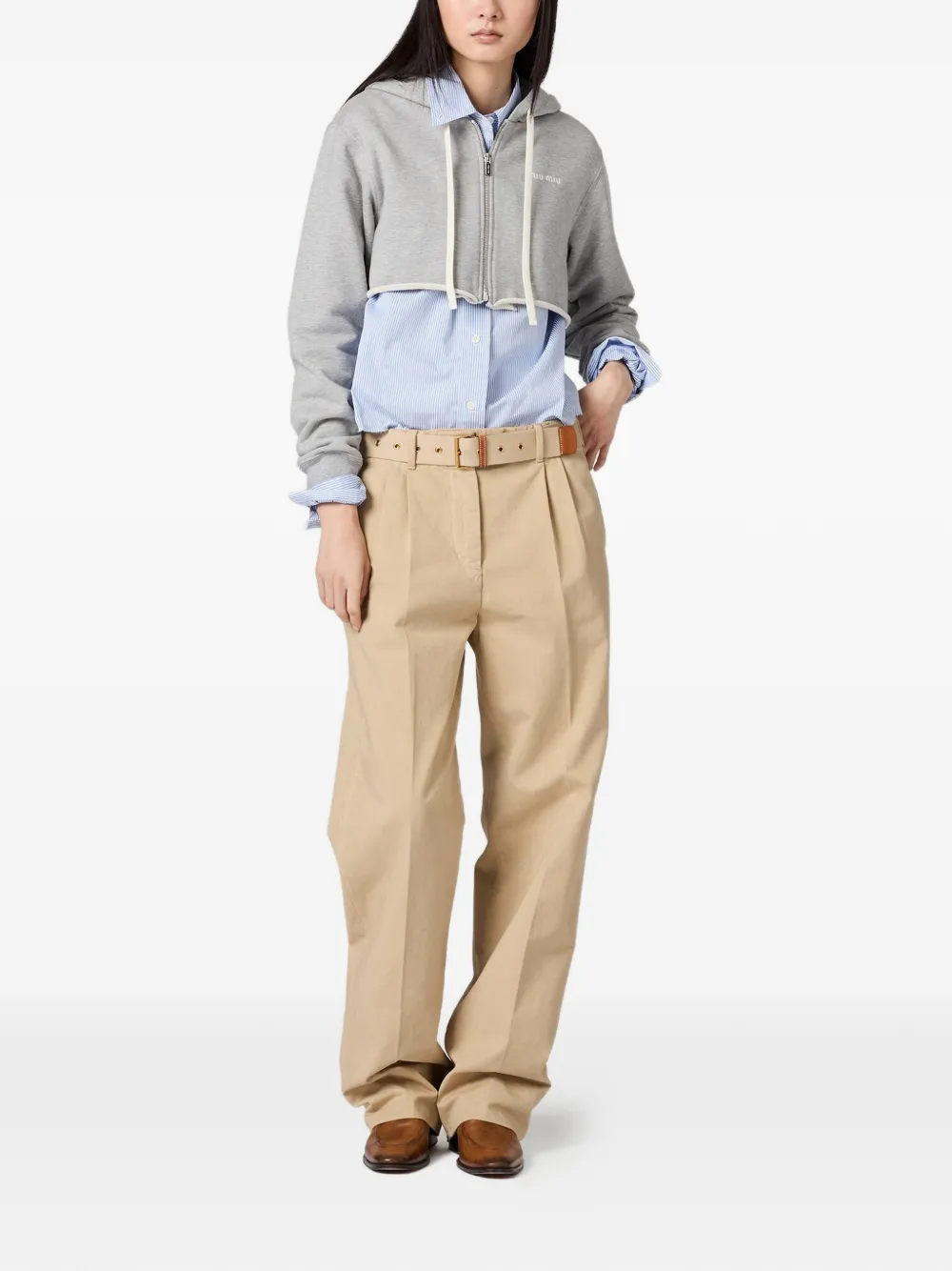 Miu Miu raw-cut zip-up cropped hoodie - Grijs