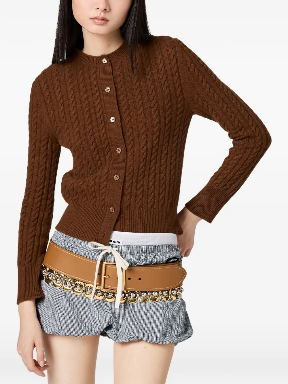  Miu Miu Cable-knit Logo Cardigan - Brown 