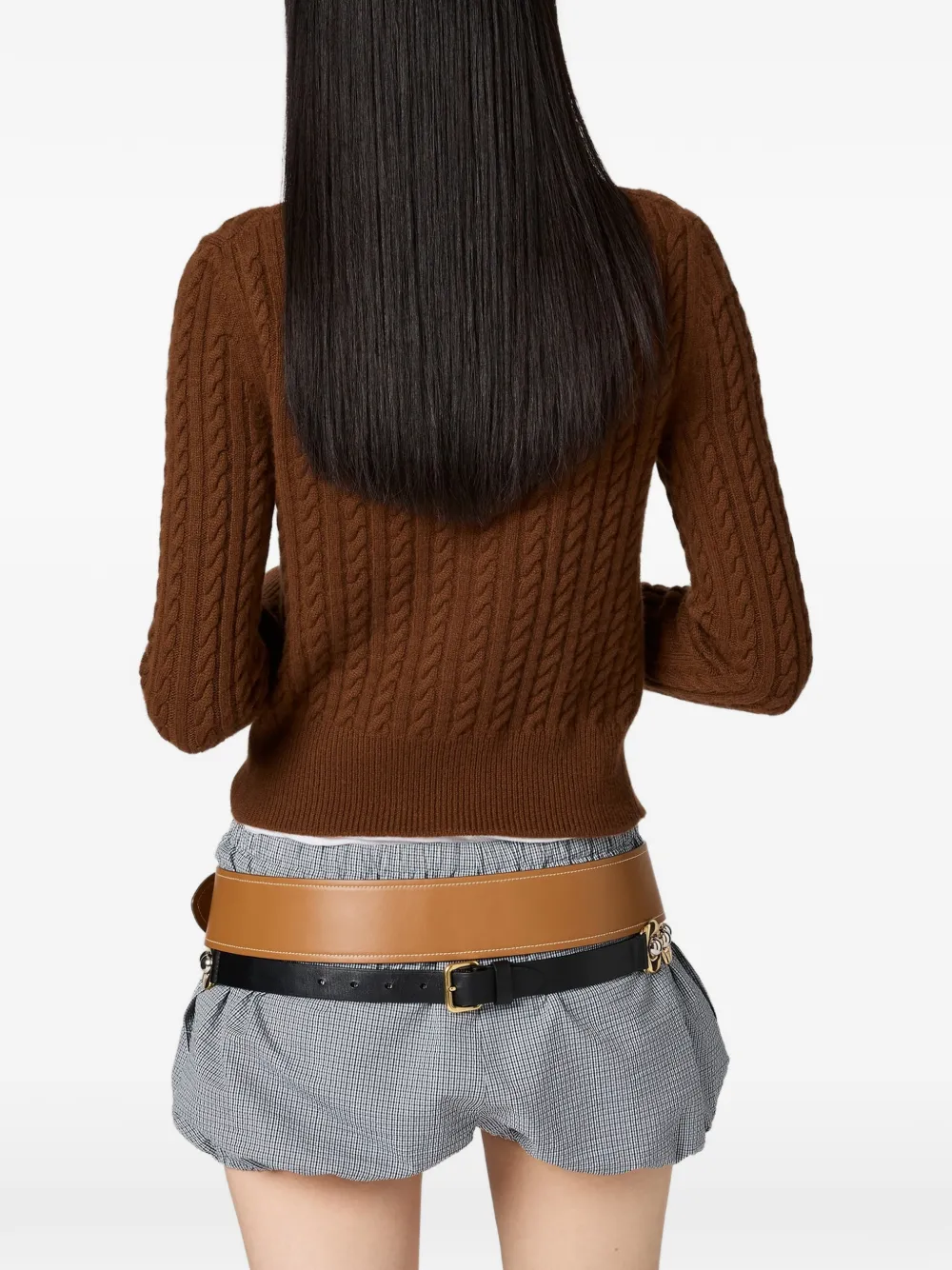  Miu Miu Cable-knit Logo Cardigan - Brown 