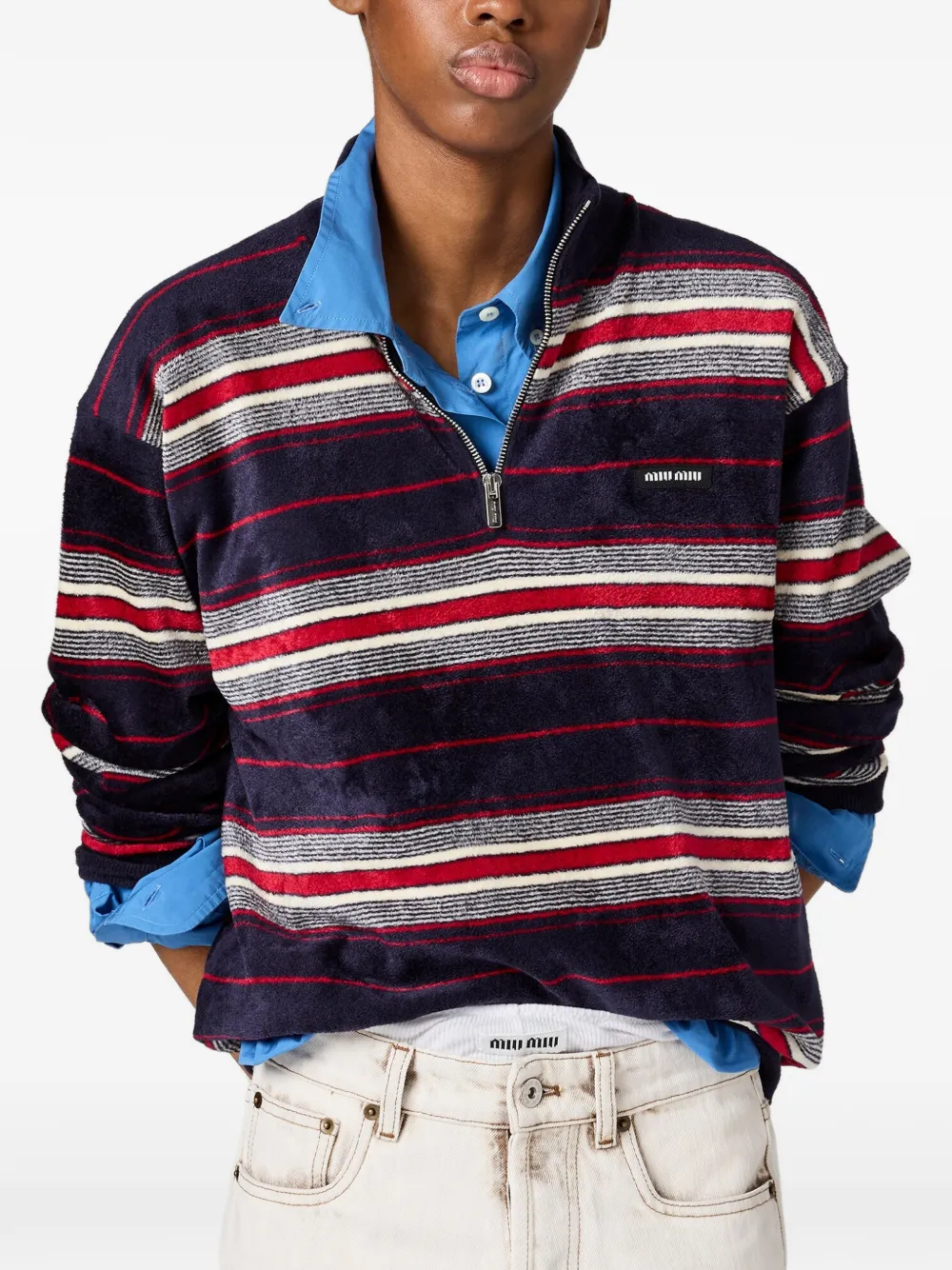 Miu Gestreepte chenille trui met halve rits Blauw