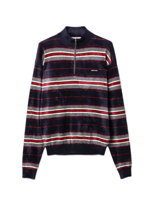 Miu Miu Striped Half-zipper Chenille Sweater in Blue