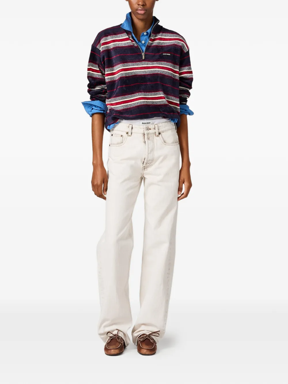  Miu Miu Striped Half-zipper Chenille Sweater - Blue 