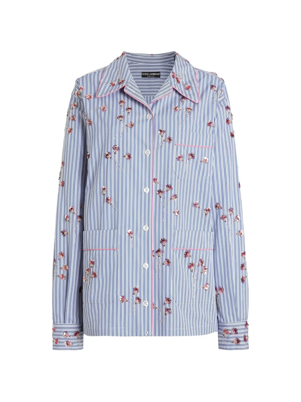 Dolce & Gabbana poplin shirt with crystal flower embroidery - Blue