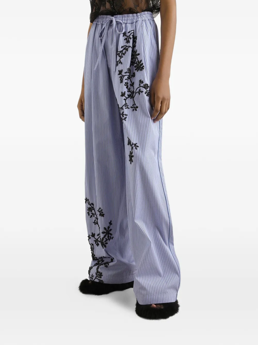 Dolce & Gabbana Gestreepte popeline broek met geborduurde bloemen Blauw
