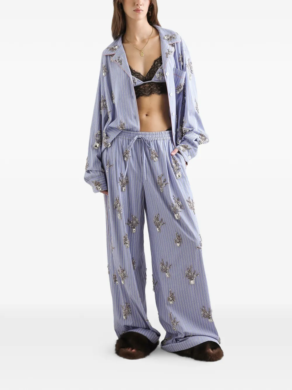  Dolce & Gabbana Poplin Trousers With Floral Embroidery - Blue 