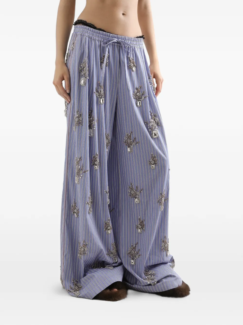 Dolce & Gabbana Popeline broek met geborduurde bloemen Blauw
