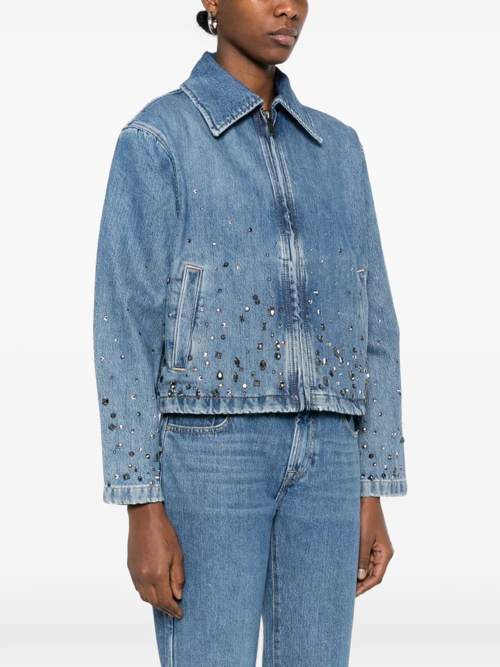  7 For All Mankind Embellished Zipped Denim Jacket - Blue 