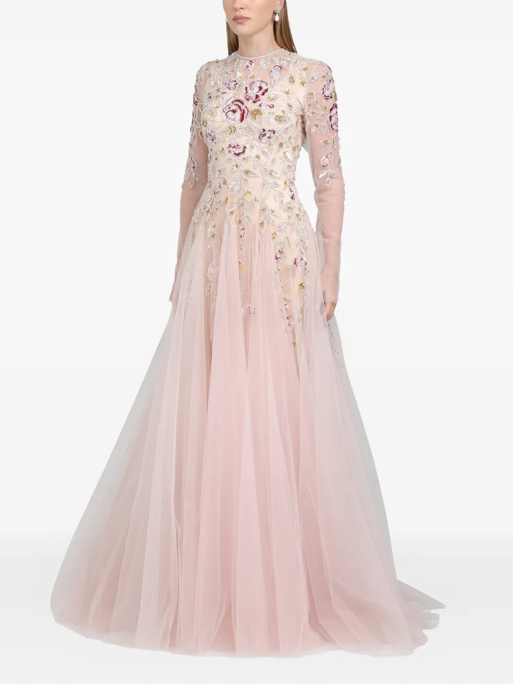 Dina Melwani leaf-embroidered gown maxi dress - Roze